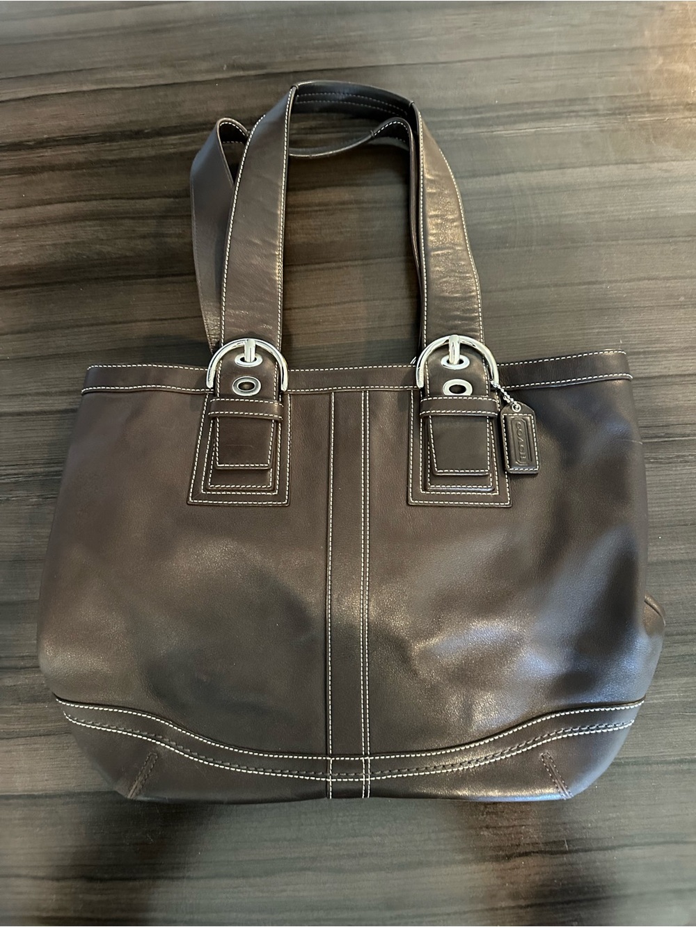 Coach Dark Brown Leather Tote with White Stitching